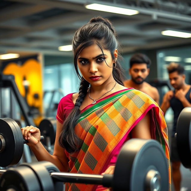 A 25-year-old Tamil girl in a colorful saree showcasing a dramatic expression, lifting weights in a modern gym