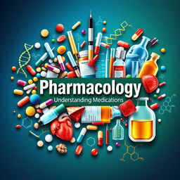 A dynamic and eye-catching cover page for a pharmacology textbook, featuring a rich collage of images that embody the essence of pharmacology