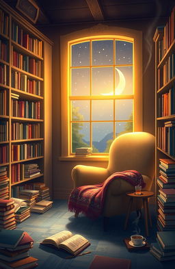 A whimsical and enchanting scene depicting a cozy room filled with books