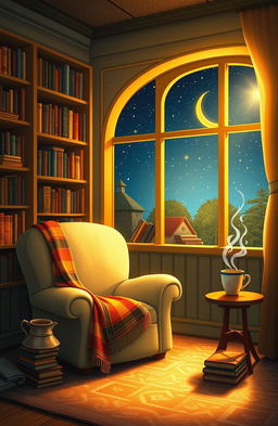 A whimsical and enchanting scene depicting a cozy room filled with books
