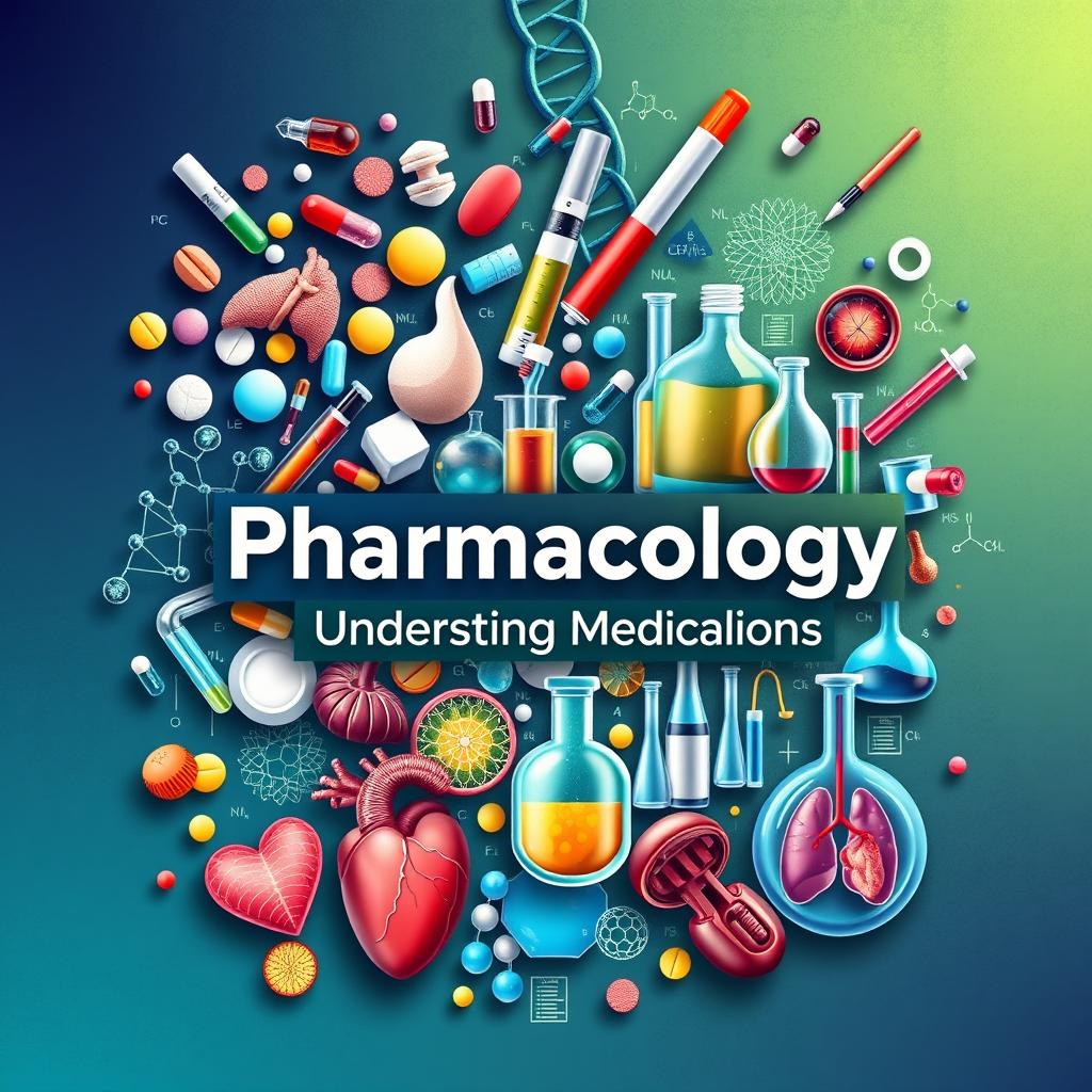 A dynamic and eye-catching cover page for a pharmacology textbook, featuring a rich collage of images that embody the essence of pharmacology