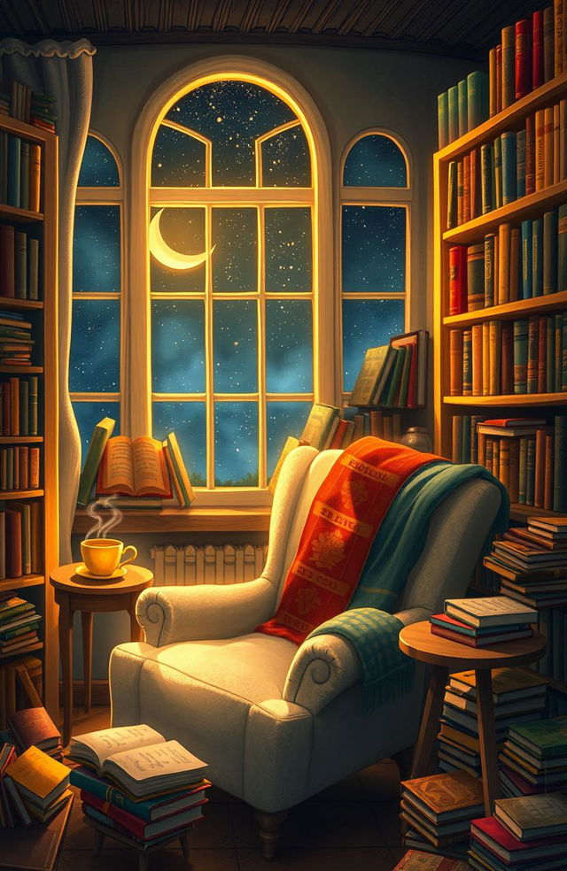 A whimsical and enchanting scene depicting a cozy room filled with books