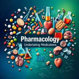 A dynamic and eye-catching cover page for a pharmacology textbook, featuring a rich collage of images that embody the essence of pharmacology