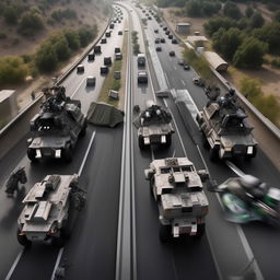 aerial view jet fighter in the sky looking down on 2 jeeps bearing 10 combatants, to the left 10 combatants on hover-boards, to the right 12 combatants on hover-bikes, down the freeway 2 armored cars with 12 combatants behind, all combatants in skeleton face mask and normal bullet proof vests