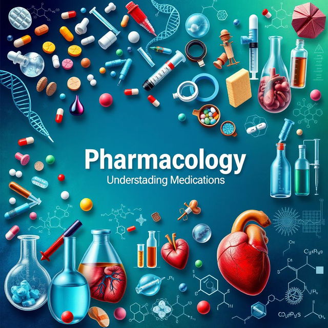 A dynamic and eye-catching cover page for a pharmacology textbook, featuring a rich collage of images that embody the essence of pharmacology