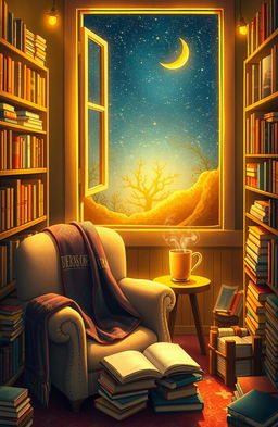 A whimsical and enchanting scene depicting a cozy room filled with books