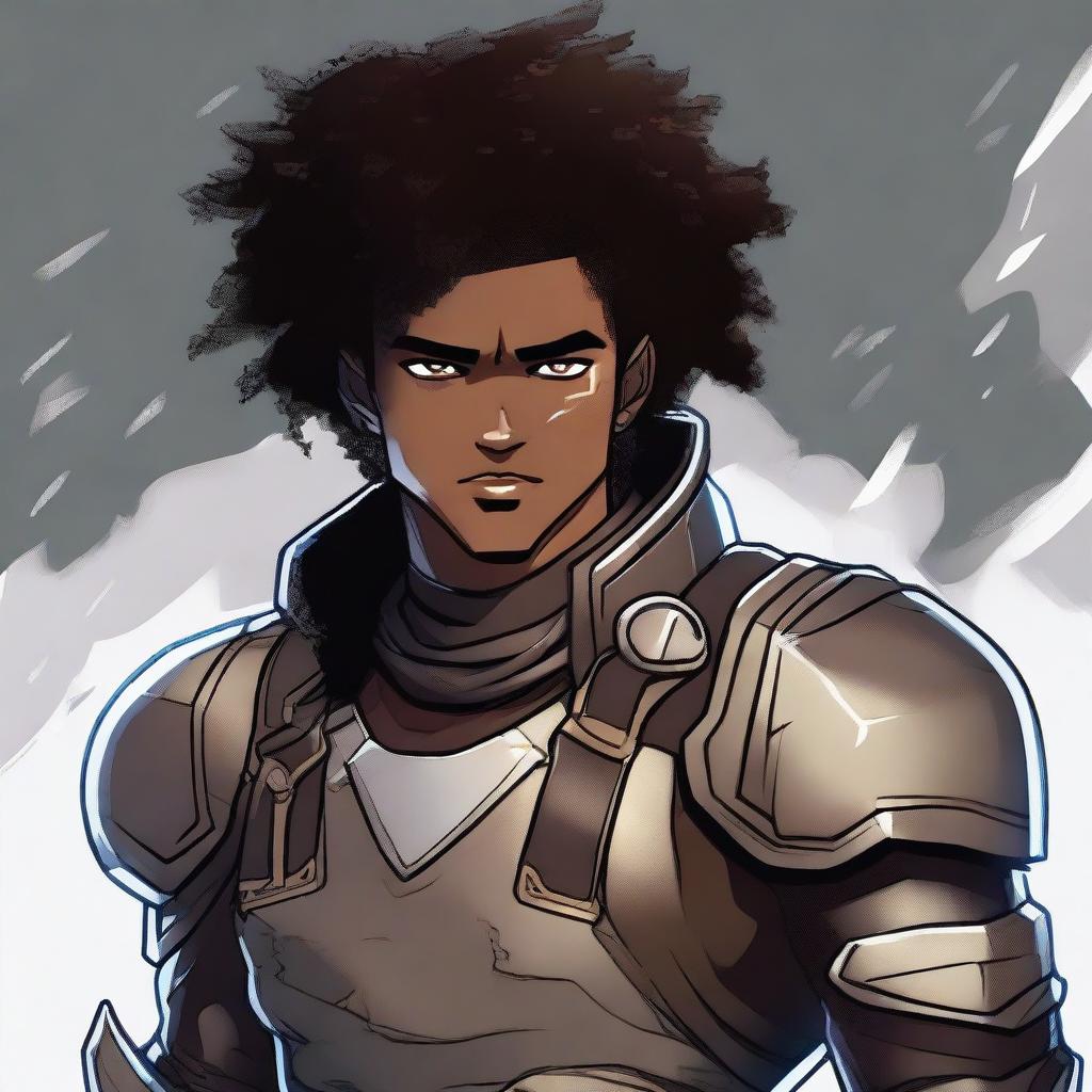 A high-quality digital art piece of a young adult male technomancer with dark olive skin and a thick afro