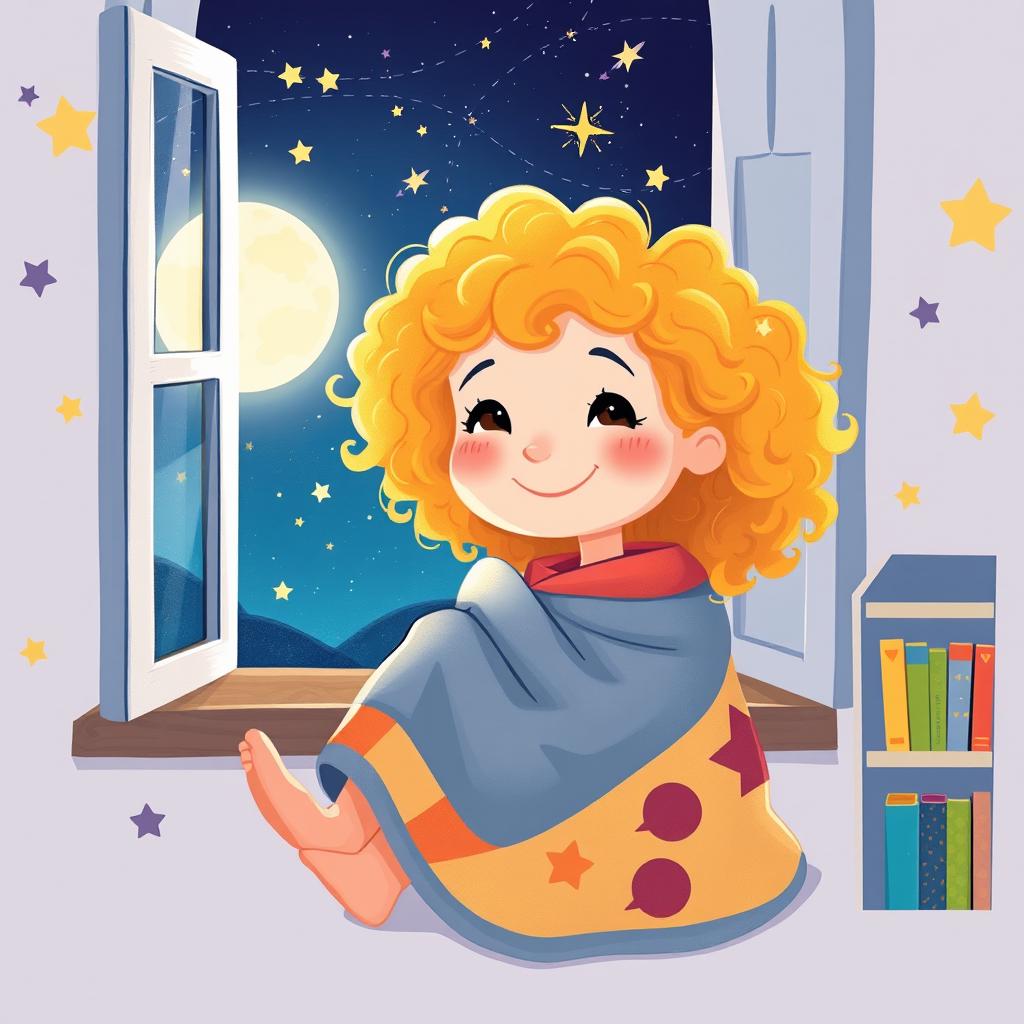 An illustration of a little girl with curly, golden hair and a cheerful expression, sitting by her window with a cozy blanket wrapped around her