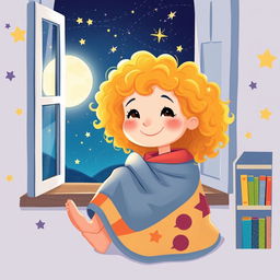 An illustration of a little girl with curly, golden hair and a cheerful expression, sitting by her window with a cozy blanket wrapped around her