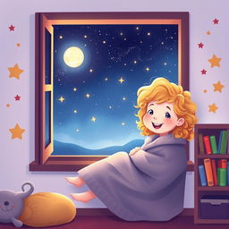An illustration of a little girl with curly, golden hair and a cheerful expression, sitting by her window with a cozy blanket wrapped around her
