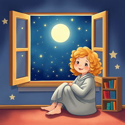 An illustration of a little girl with curly, golden hair and a cheerful expression, sitting by her window with a cozy blanket wrapped around her