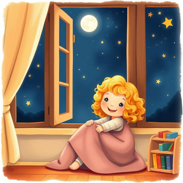 An illustration of a little girl with curly, golden hair and a cheerful expression, sitting by her window with a cozy blanket wrapped around her