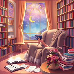 A serene and magical scene illustrating the concepts of reading, dreaming, and celebrating