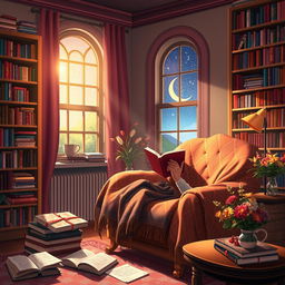 A serene and magical scene illustrating the concepts of reading, dreaming, and celebrating