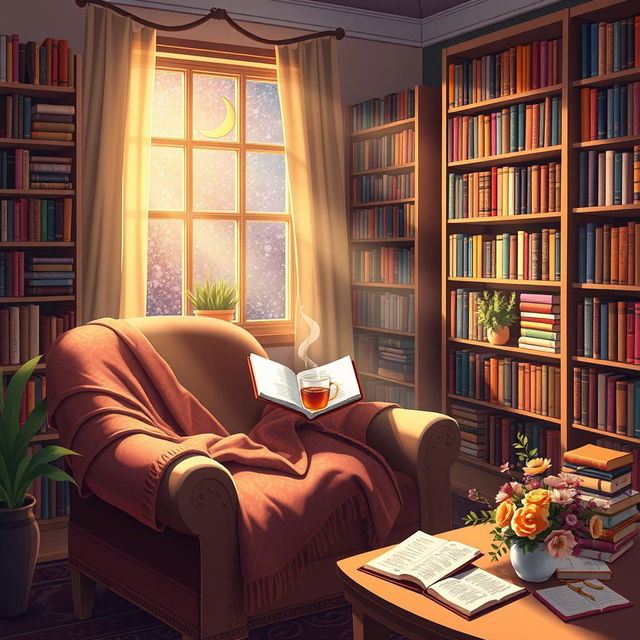 A serene and magical scene illustrating the concepts of reading, dreaming, and celebrating