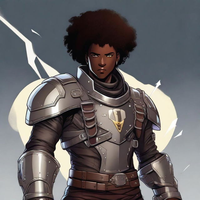 A high-quality digital art piece of a young adult male technomancer with dark olive skin and a thick afro