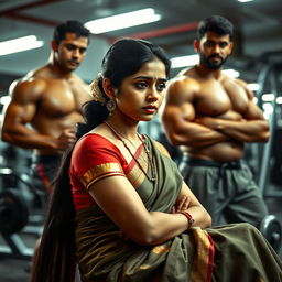 A dramatic scene depicting a 25-year-old sad Tamil girl wearing a traditional saree in a gym setting, with two muscular guys nearby