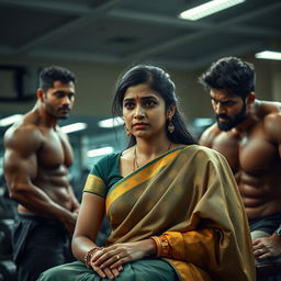 A dramatic scene depicting a 25-year-old sad Tamil girl wearing a traditional saree in a gym setting, with two muscular guys nearby