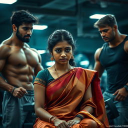 A dramatic scene depicting a 25-year-old sad Tamil girl wearing a traditional saree in a gym setting, with two muscular guys nearby