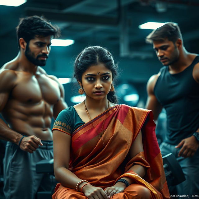 A dramatic scene depicting a 25-year-old sad Tamil girl wearing a traditional saree in a gym setting, with two muscular guys nearby