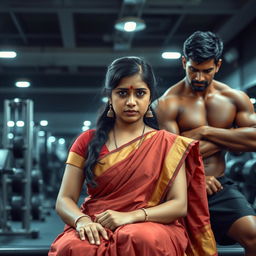 A dramatic scene depicting a 25-year-old sad Tamil girl wearing a traditional saree in a gym setting, with two muscular guys nearby