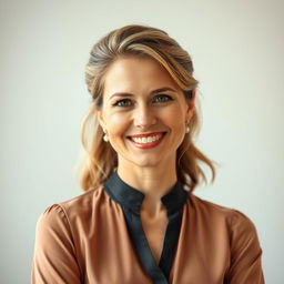 A 35-year-old European woman with a vibrant and confident expression, styled hair and a warm smile