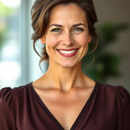 A 35-year-old European woman with a vibrant and confident expression, styled hair and a warm smile