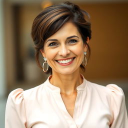 A 35-year-old European woman with a vibrant and confident expression, styled hair and a warm smile