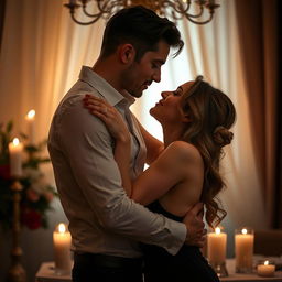 A sensual and intimate scene featuring a couple in a romantic setting, surrounded by soft candlelight and elegant decor