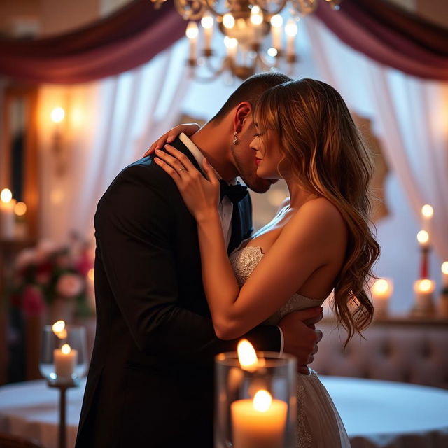 A sensual and intimate scene featuring a couple in a romantic setting, surrounded by soft candlelight and elegant decor