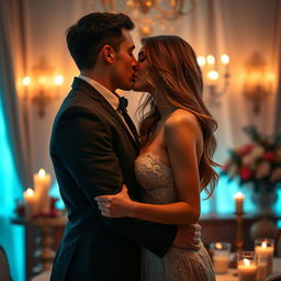 A sensual and intimate scene featuring a couple in a romantic setting, surrounded by soft candlelight and elegant decor