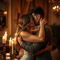 A sensual and intimate scene featuring a couple in a romantic setting, surrounded by soft candlelight and elegant decor