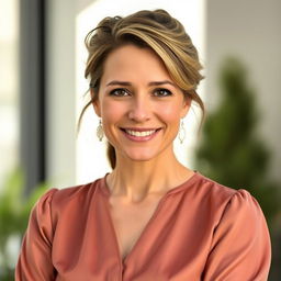 A 35-year-old European woman with a friendly expression and styled hair, wearing a fashionable and elegant blouse that highlights her upper body