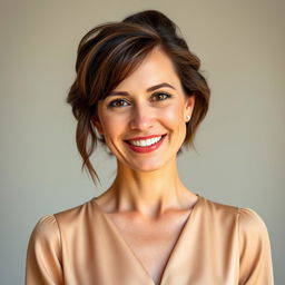 A 35-year-old European woman with a friendly expression and styled hair, wearing a fashionable and elegant blouse that highlights her upper body