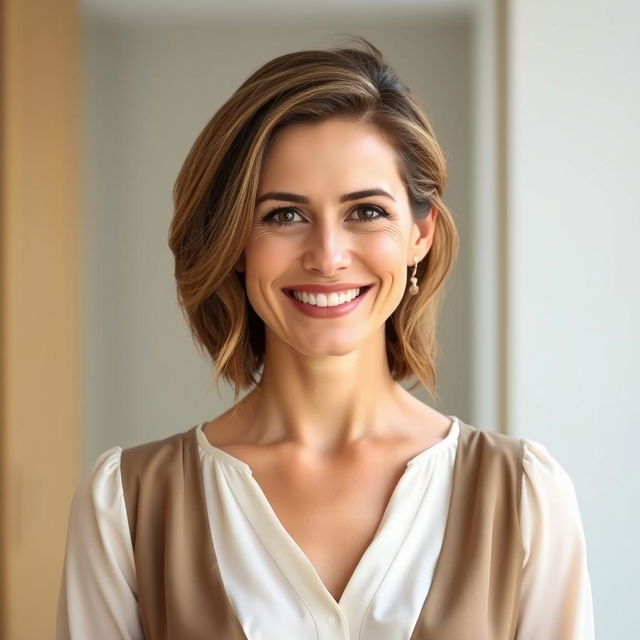 A 35-year-old European woman with a friendly expression and styled hair, wearing a fashionable and elegant blouse that highlights her upper body