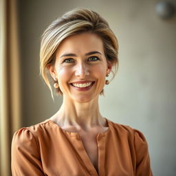 A 35-year-old European woman with a friendly expression and styled hair, wearing a fashionable and elegant blouse that highlights her upper body