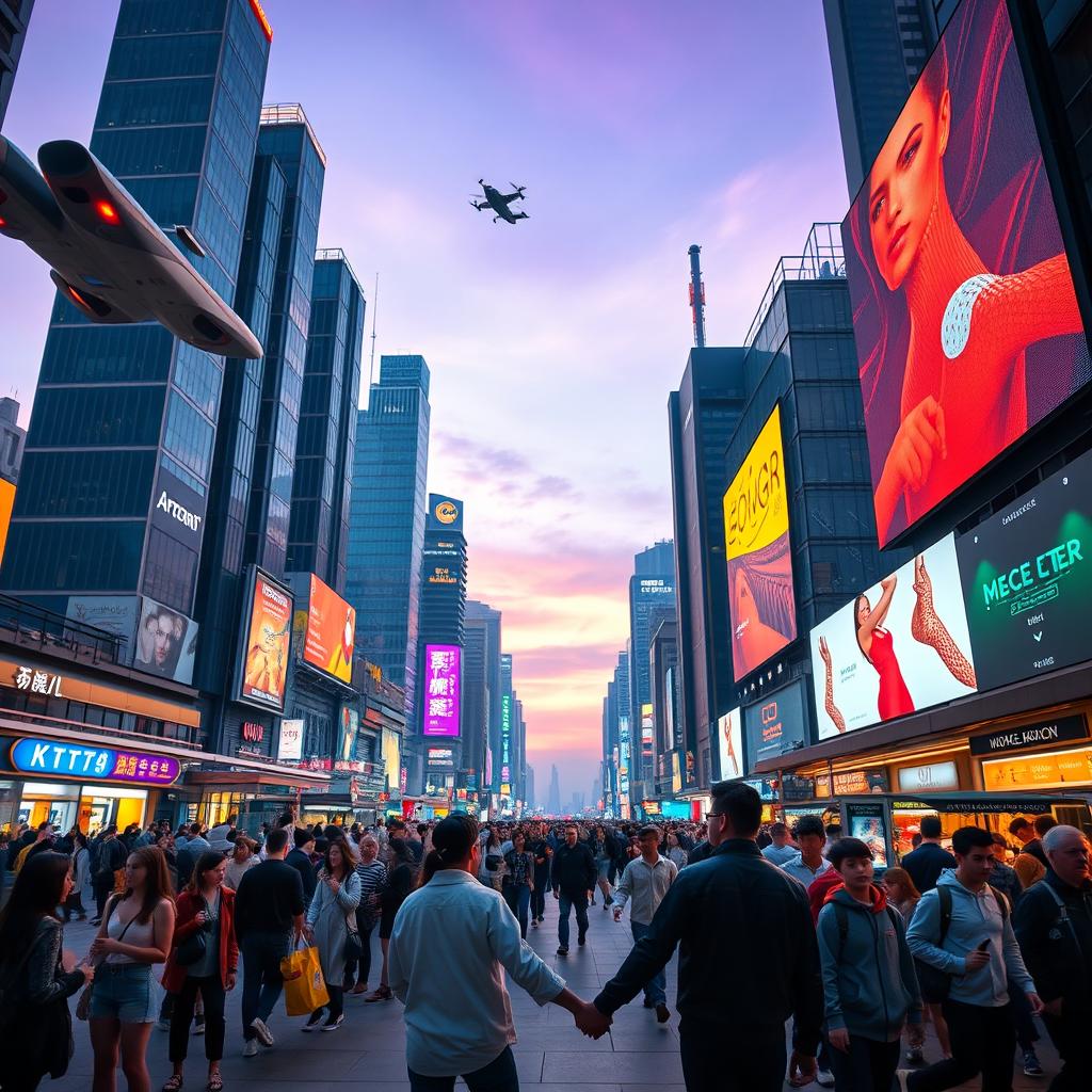 A futuristic cityscape at twilight featuring towering skyscrapers and neon lights, with flying cars zooming by and digital billboards displaying advertisements in vibrant colors