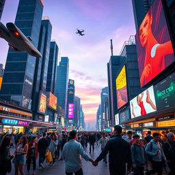 A futuristic cityscape at twilight featuring towering skyscrapers and neon lights, with flying cars zooming by and digital billboards displaying advertisements in vibrant colors