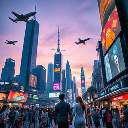 A futuristic cityscape at twilight featuring towering skyscrapers and neon lights, with flying cars zooming by and digital billboards displaying advertisements in vibrant colors