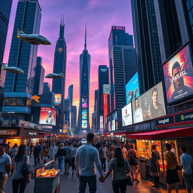 A futuristic cityscape at twilight featuring towering skyscrapers and neon lights, with flying cars zooming by and digital billboards displaying advertisements in vibrant colors