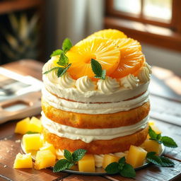 A delicious and beautifully decorated pineapple cake with layers of vanilla cream