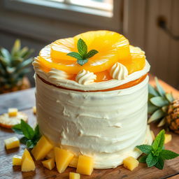 A delicious and beautifully decorated pineapple cake with layers of vanilla cream