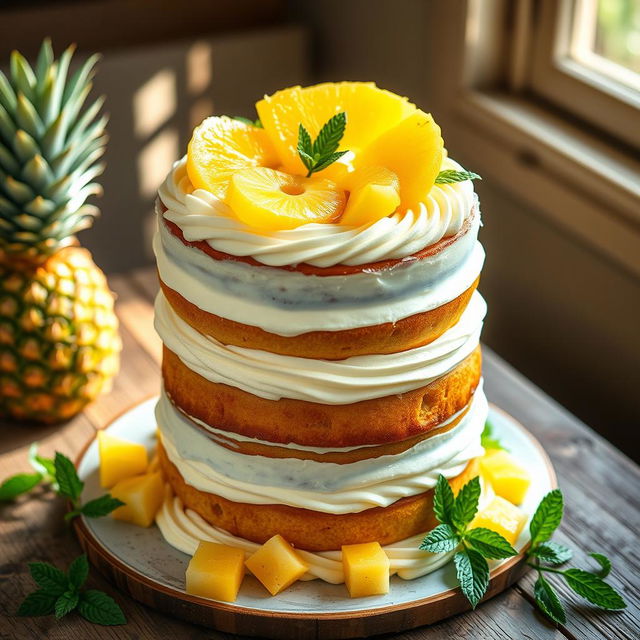 A delicious and beautifully decorated pineapple cake with layers of vanilla cream