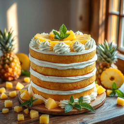 A delicious and beautifully decorated pineapple cake with layers of vanilla cream