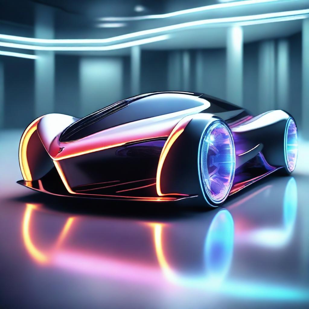 A sleek, futuristic car powered by advanced nuclear technology