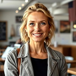 A full-length photograph of a woman aged between 30 to 45 years with a natural appearance, featuring minimal makeup and well-groomed hair