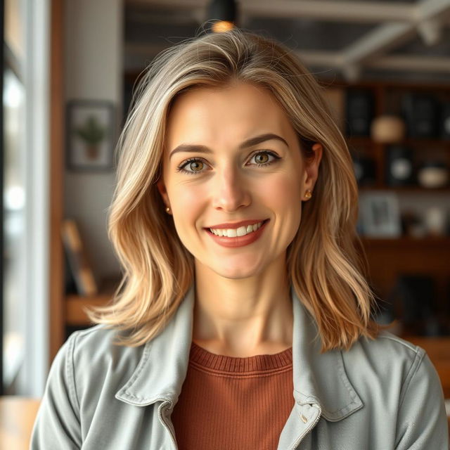 A full-length photograph of a woman aged between 30 to 45 years with a natural appearance, featuring minimal makeup and well-groomed hair