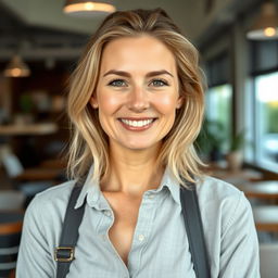 A full-length photograph of a woman aged between 30 to 45 years with a natural appearance, featuring minimal makeup and well-groomed hair