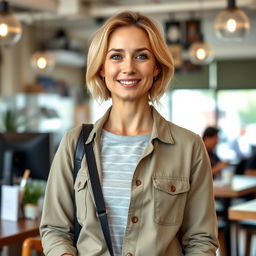 A full-length photograph of a woman aged between 30 to 45 years with a natural appearance, featuring minimal makeup and well-groomed hair