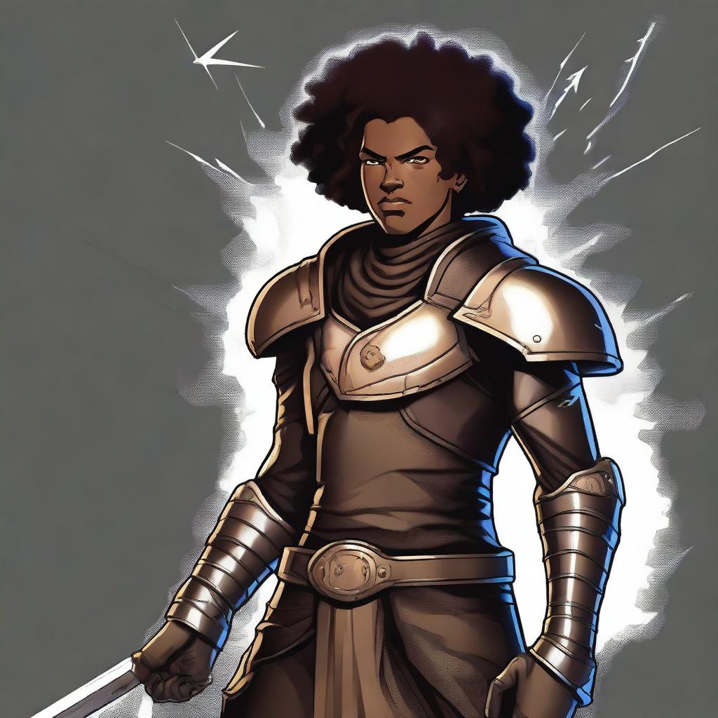 A detailed, digital art image of a young adult male technomancer with dark olive skin and a thick afro